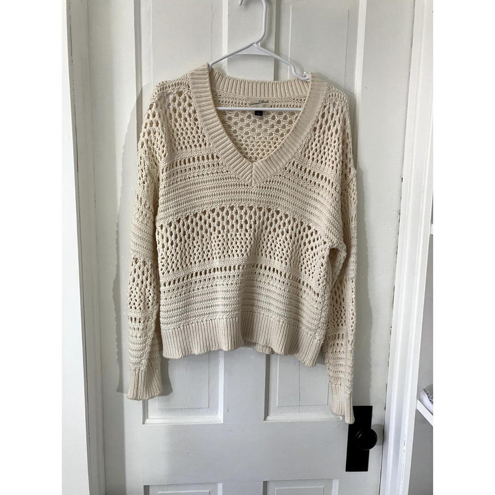 Universal Thread Open Knit V-Neck Sweater Women's L Crochet Boho Coastal Gypsy - Picture 2 of 8
